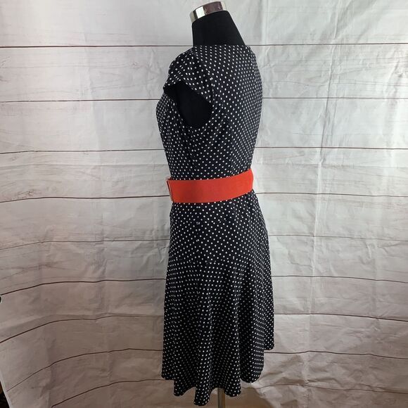 AK Anne Klein Dress Polka Dot A-line Fit-and-Flare Black 8 M Elastic Belt zipper - Picture 2 of 16